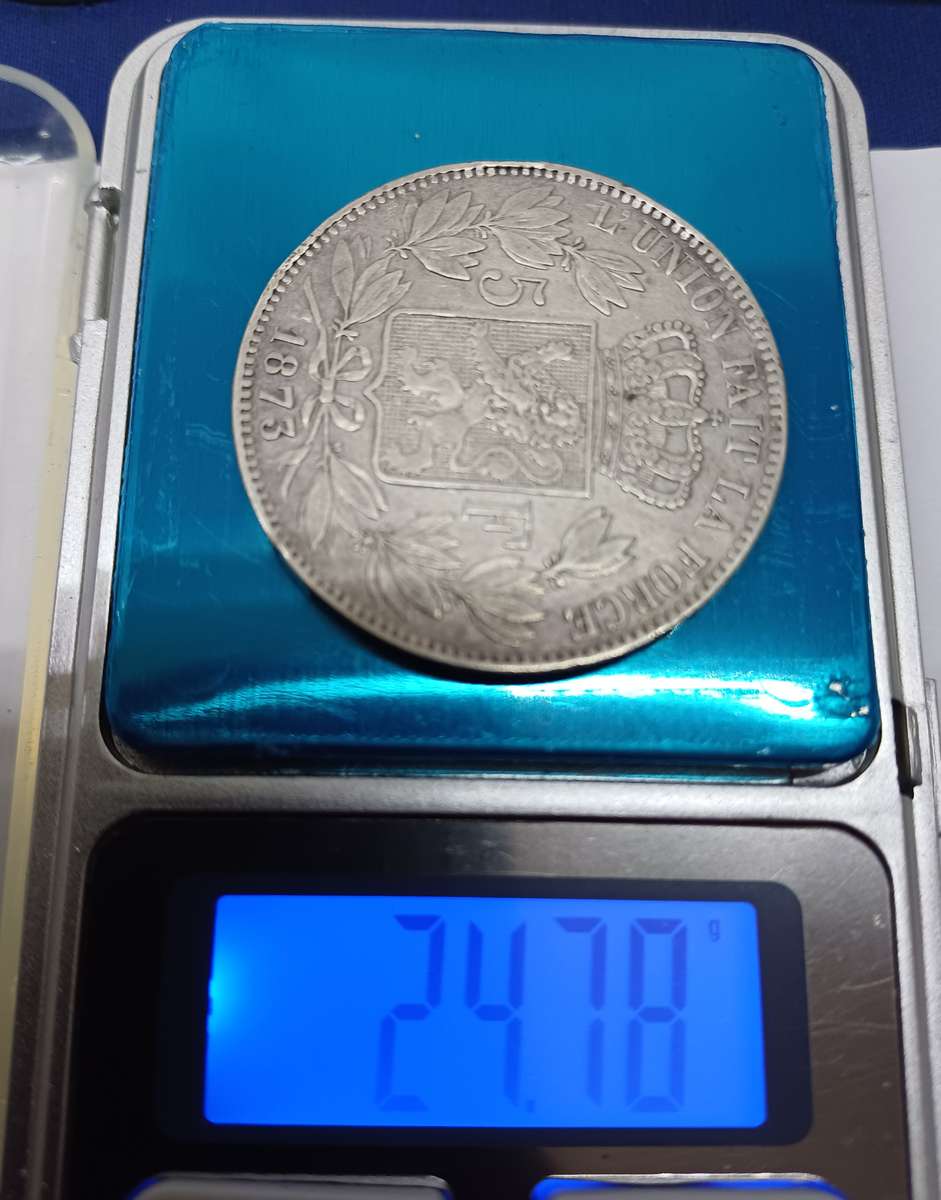 90% 1873 Silver Belgian 5Francks Large Head