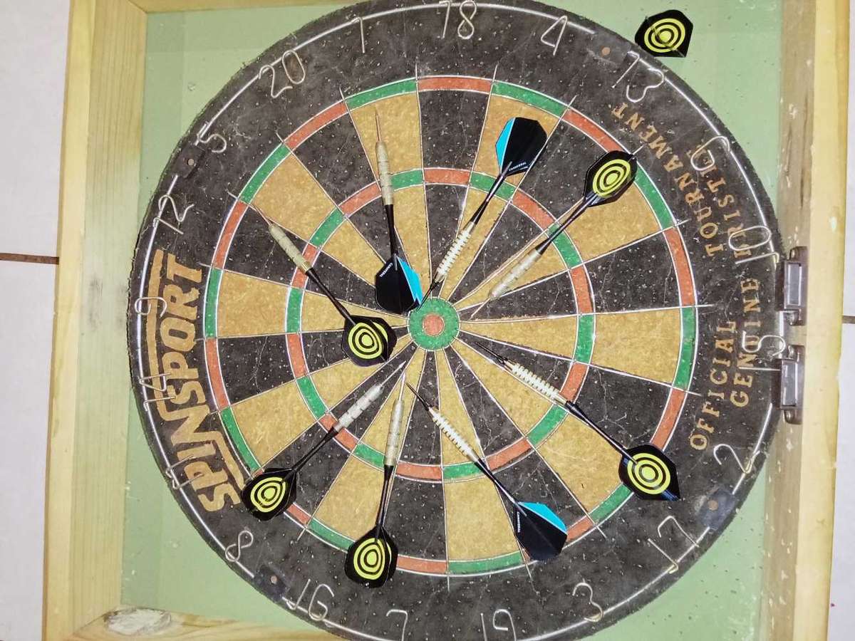 Dartboard in wooden case with darts