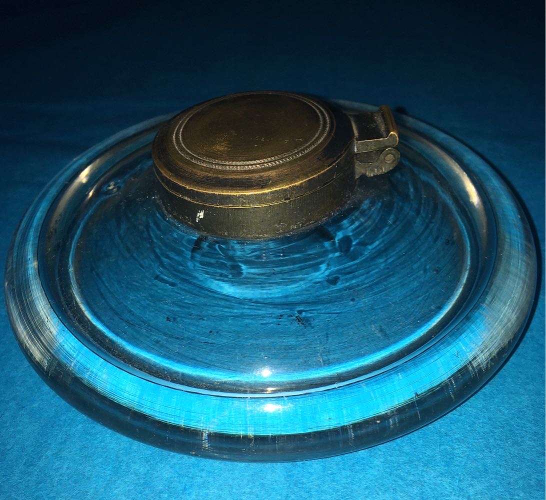 Antique hand blown glass inkwell with brass lid