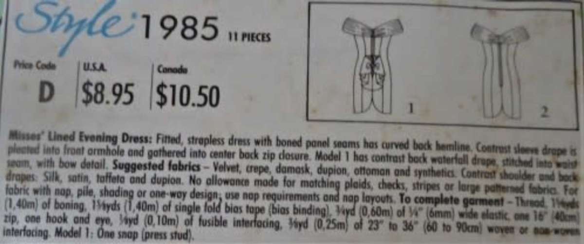 STYLE 1985 OFF THE SHOULDER EVENING DRESS SIZE A = 6 - 16 SEE LISTING -CUT TO SIZE 10  ZIPLOC BAG