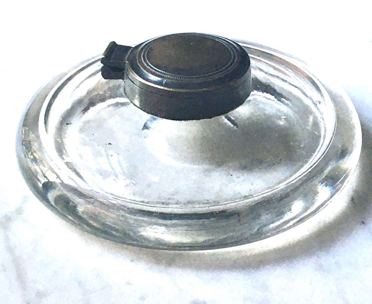 Antique hand blown glass inkwell with brass lid
