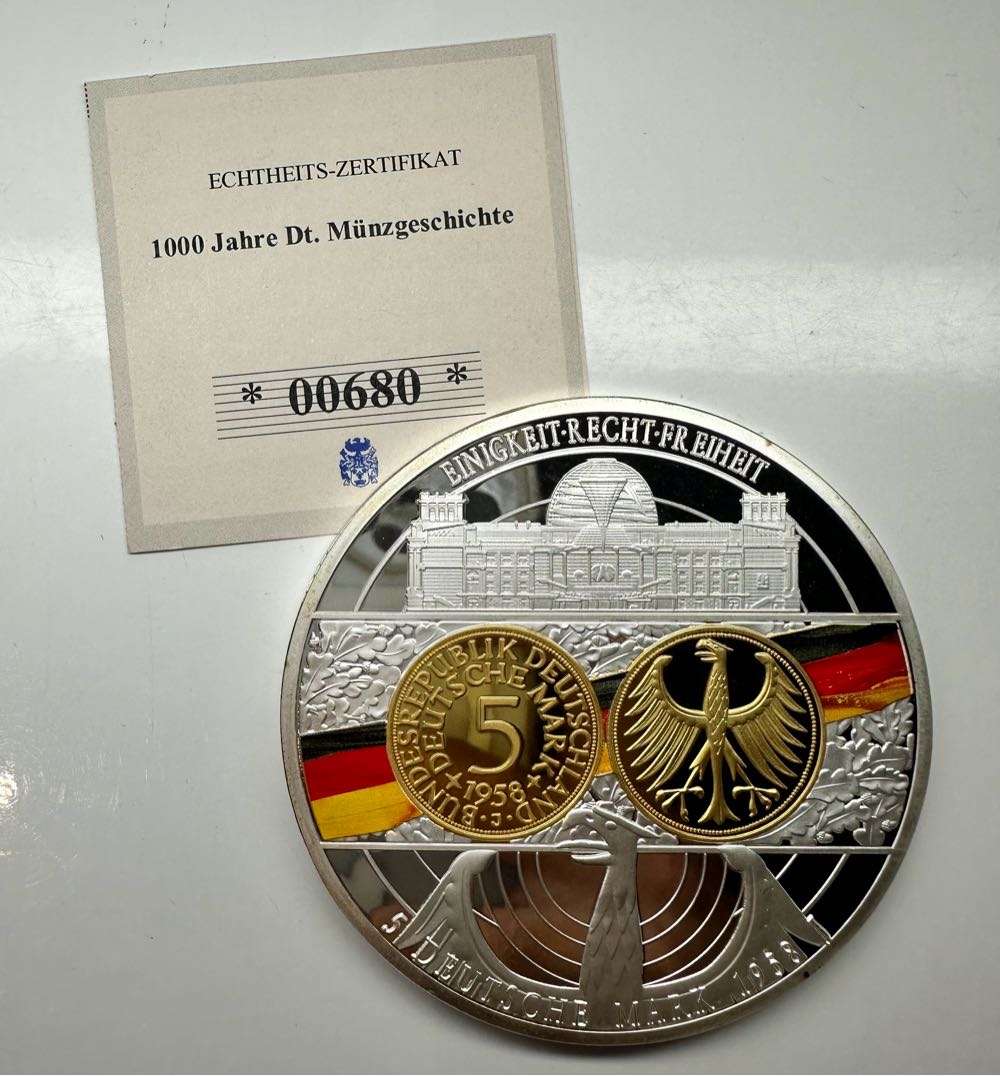 GIGANT MEDAL 110 GRAMS 5 DEUTSCHE MARK 1958 J SILVER-PLATED PP