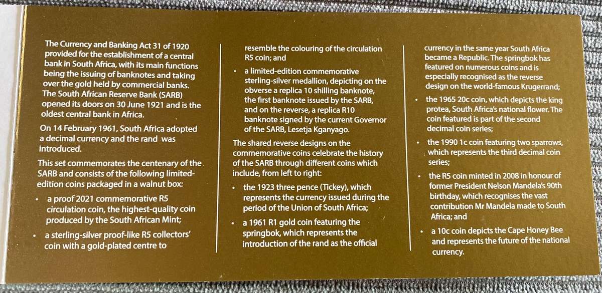 South African Reserve Bank Centenary Coin Set 1921-2021