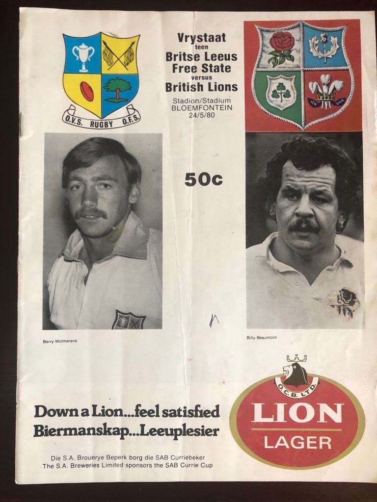 Free State vs British Lions rugby matchday programme 1980