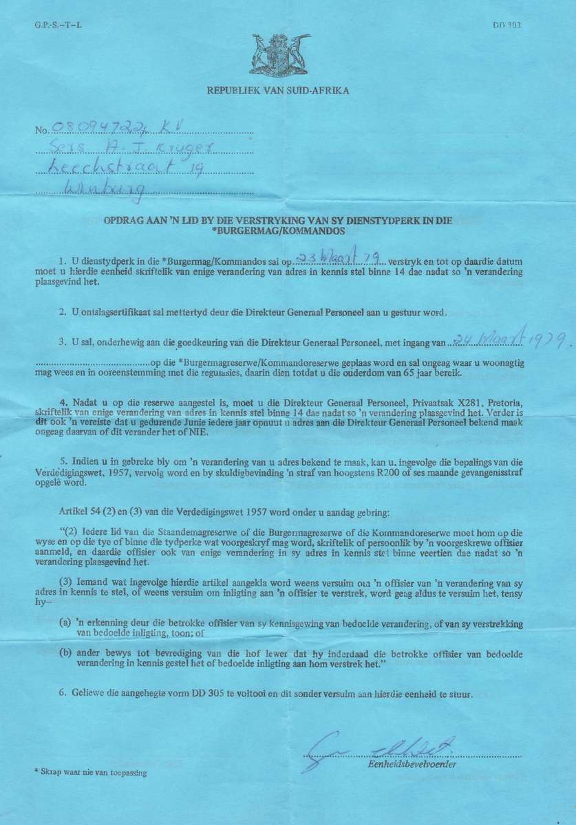 President Paul Kruger Family Member Militaria - Sersant AJ Kruger S.A. DEFENCE FORCE