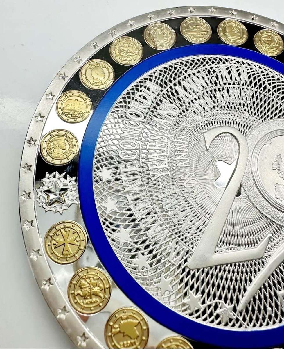 GIGANT MEDAL 100 MM 20 YEARS EURO SILVER-PLATED PP - RARE COLLECTIBLE ITEM + CERTIFICATE