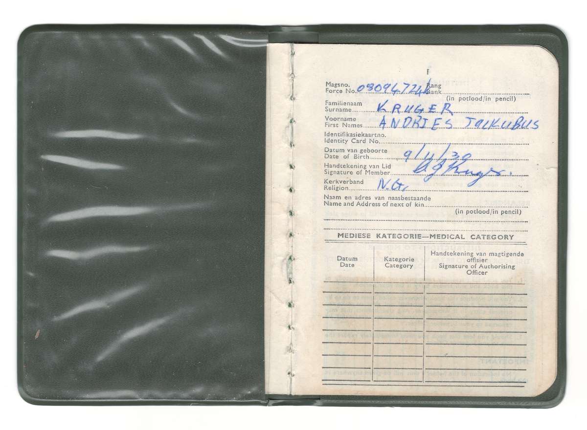 President Paul Kruger Family Member Militaria - Sersant AJ Kruger S.A. DEFENCE FORCE