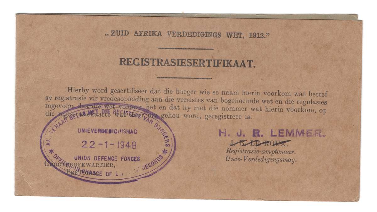 President Paul Kruger Family Member Militaria - Sersant AJ Kruger S.A. DEFENCE FORCE