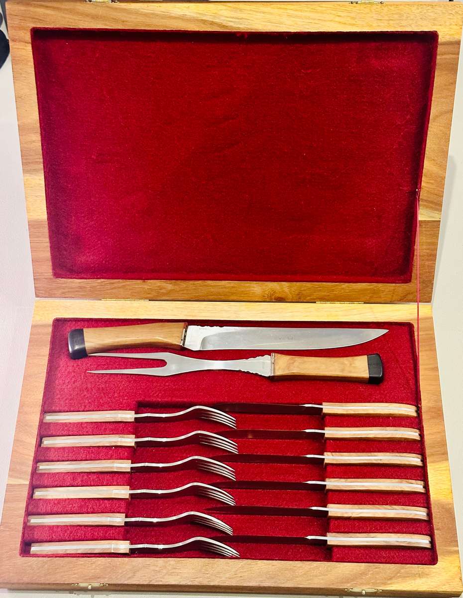 Vintage Handmade Cutlery Set In Solid Wood Case