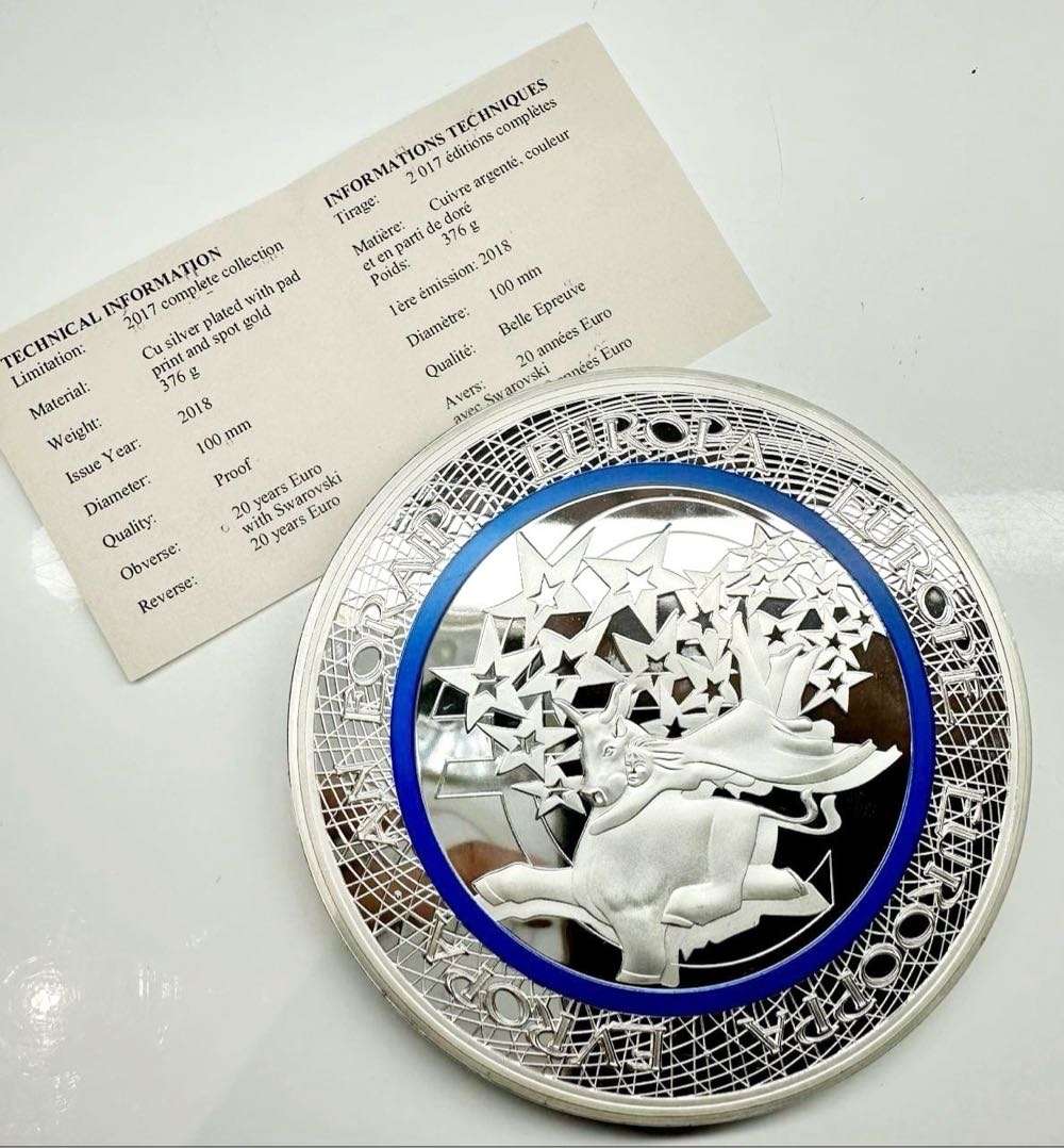 GIGANT MEDAL 100 MM 20 YEARS EURO SILVER-PLATED PP - RARE COLLECTIBLE ITEM + CERTIFICATE