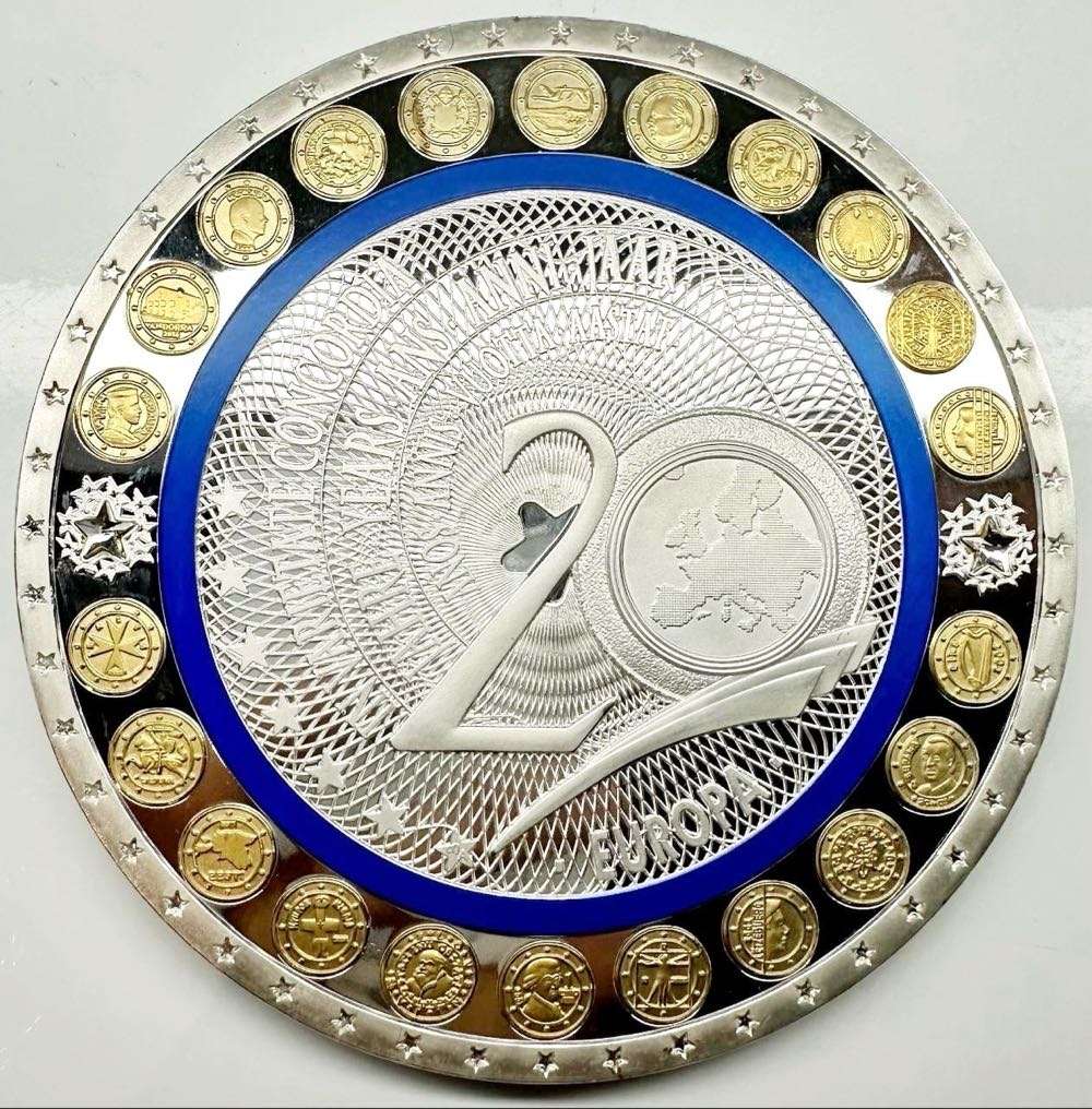 GIGANT MEDAL 100 MM 20 YEARS EURO SILVER-PLATED PP - RARE COLLECTIBLE ITEM + CERTIFICATE