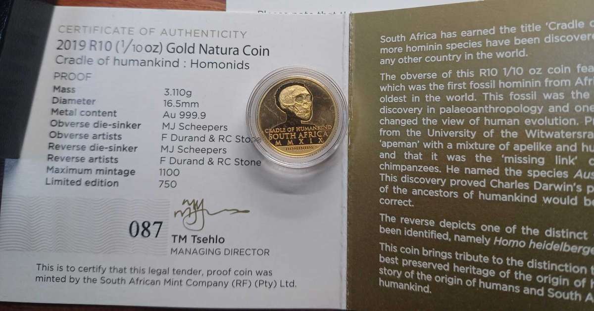 2019 R10 1/10oz Gold Natura Coin 24Carat gold Cradle of Humankind Homonids