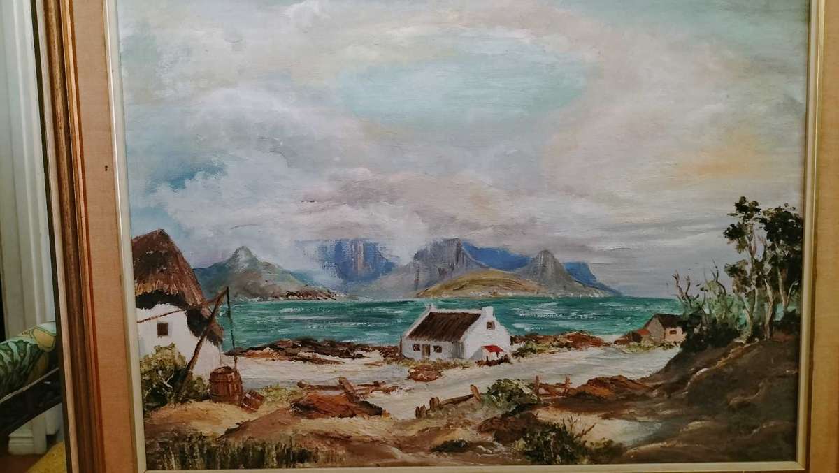 Cape Fishing Village Scene Framed Painting