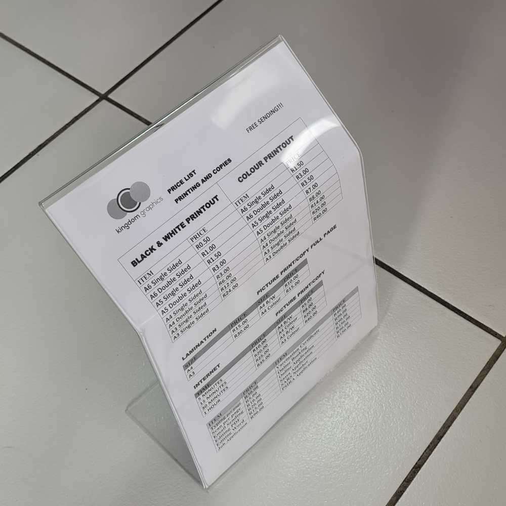 Curved/bent MENU HOLDER  A4 PORTRAIT. OFFICE. DESK. on stock, buy one or more.