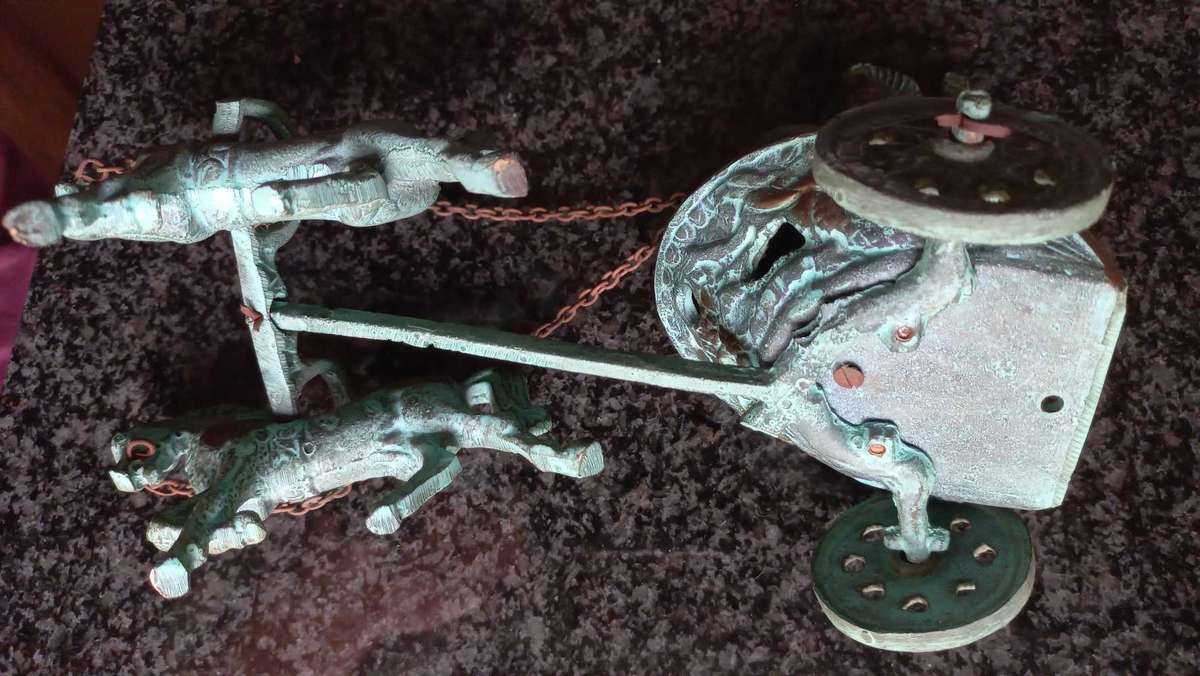 Vintage aged brass sculptures Ancient Greek Roman Mythology Achilles Chariot