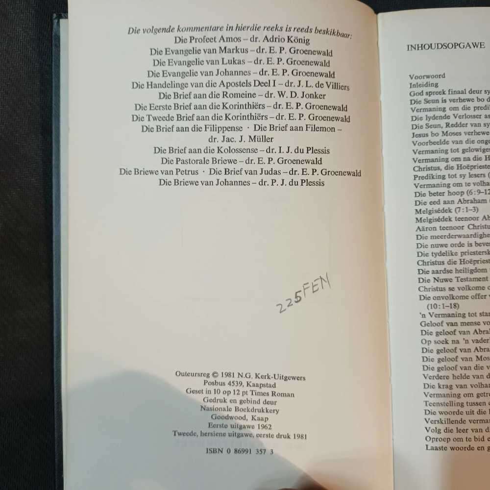 Bible commentary/Kommentaar: Die brief aan die Hebreërs. Dr F. C. Fensham