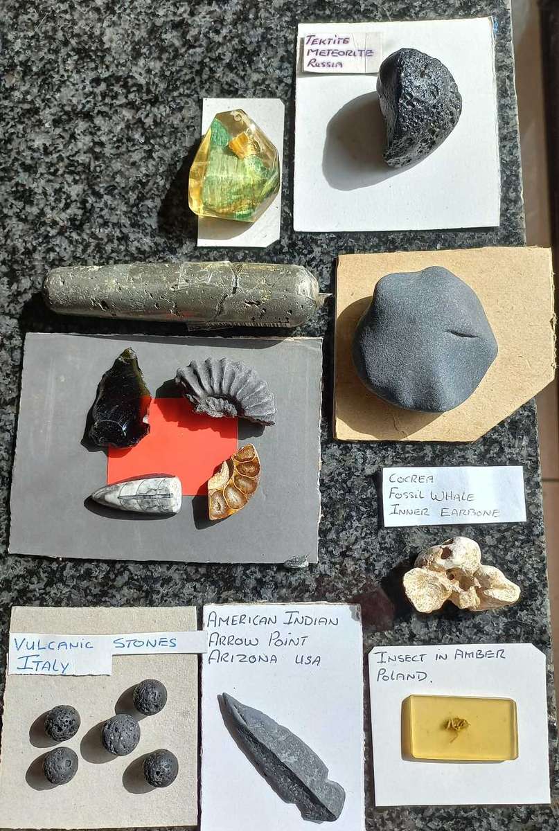 Tektite meteorite, Volcanic stones/beads, Fossils, Indian arrow point