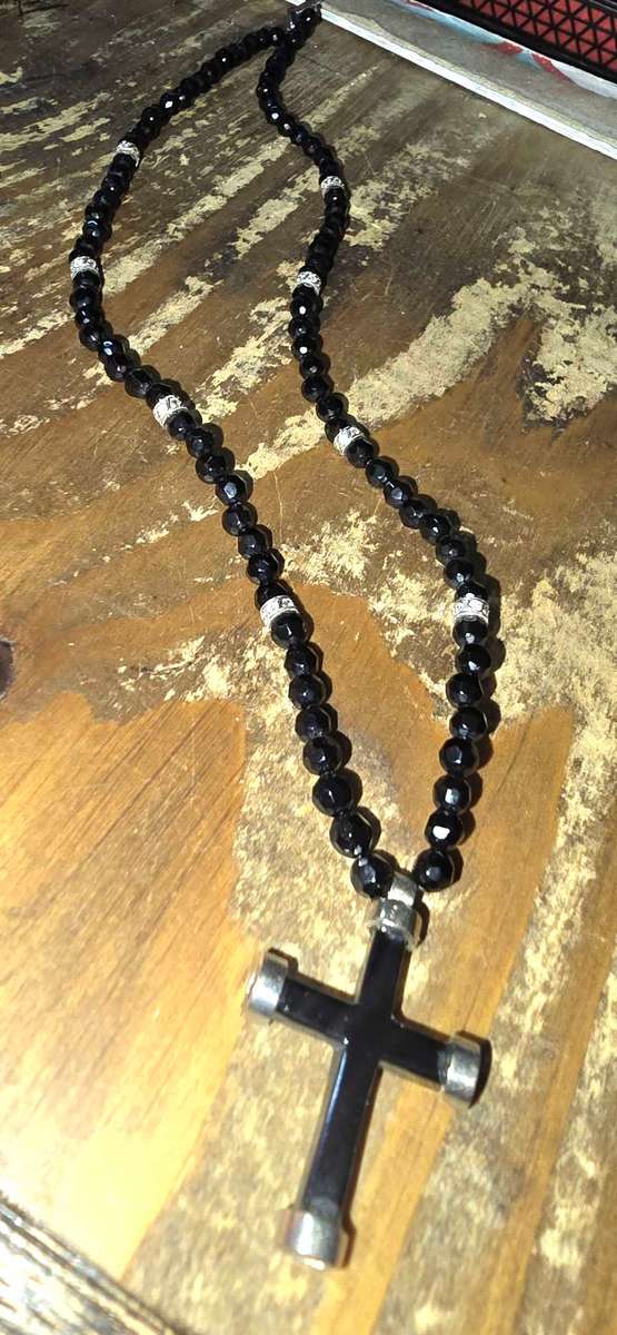 9 Carat Whitegold Onyx and Diamond Rosary Cross Necklace