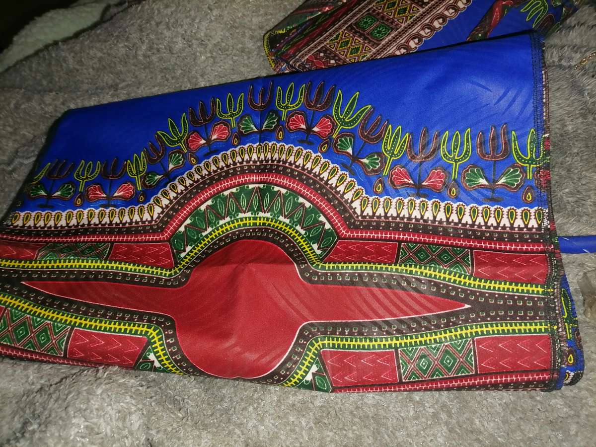 African clutch bag, neck piece, earrings and head scarf