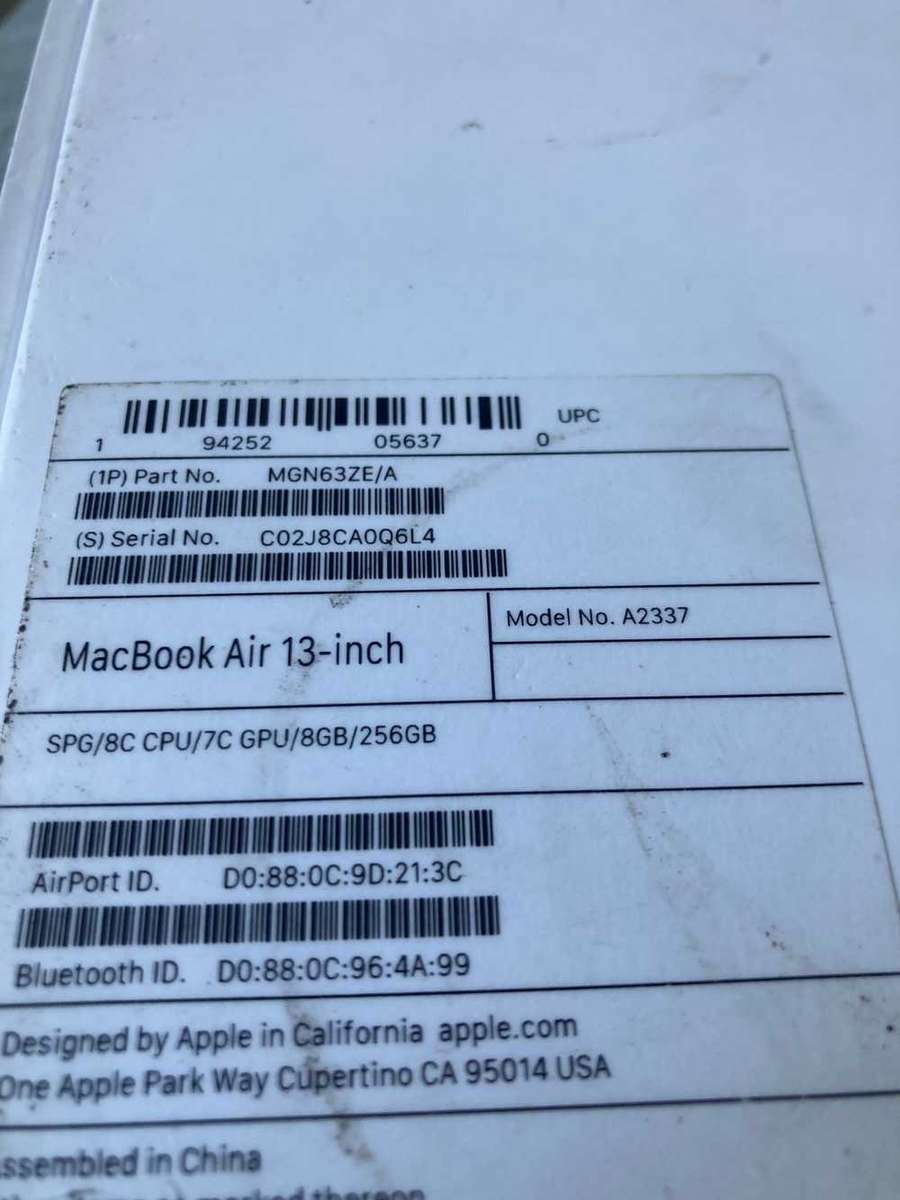 2020 Apple Macbook Air M1 Chip 8GB RAM unified Memory 256GB SSD Storage Space Grey