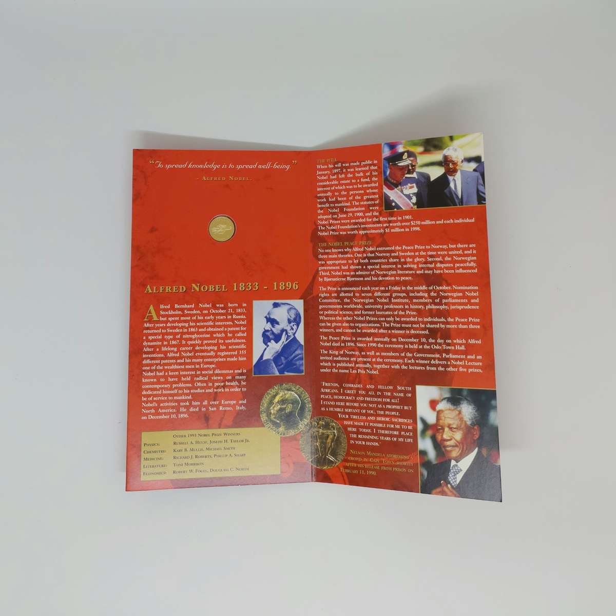 NELSON MANDELA COMMEMORATIVE MEDAL 1/10 OZ PURE GOLD IN BROCHURE NOBEL LAUREATES