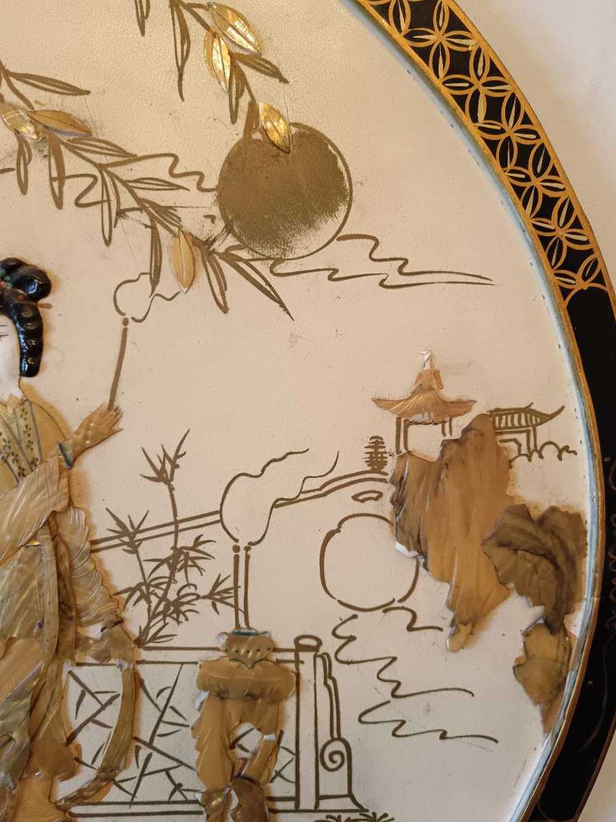 Large  Oriental Round Wall Panel Inlaid Mother of Pearl