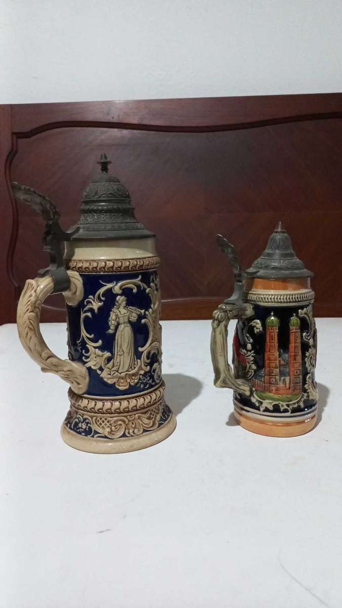 Vintage Oktoberfest German Beer Tankards with hinged lids