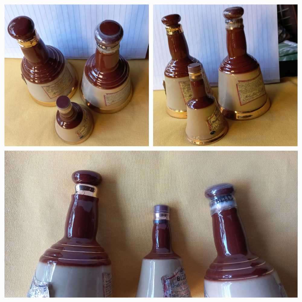 Vintage collectable lot of "Bells Scotch Whisky " bell shaped decanters made by Wade