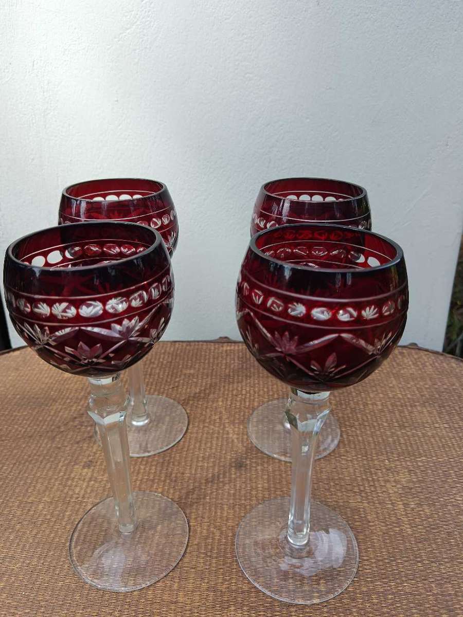 Set of 4x Ruby Red Wine  Crystal Glasses