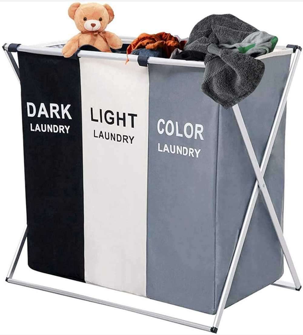 3 Compartment Laundry Hamper Collapsible Aluminium Basket