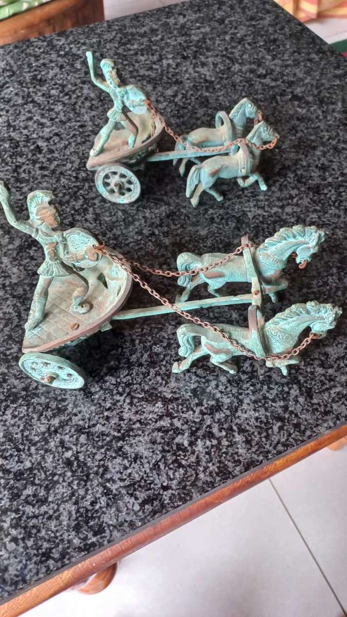 Vintage aged brass sculptures Ancient Greek Roman Mythology Achilles Chariot