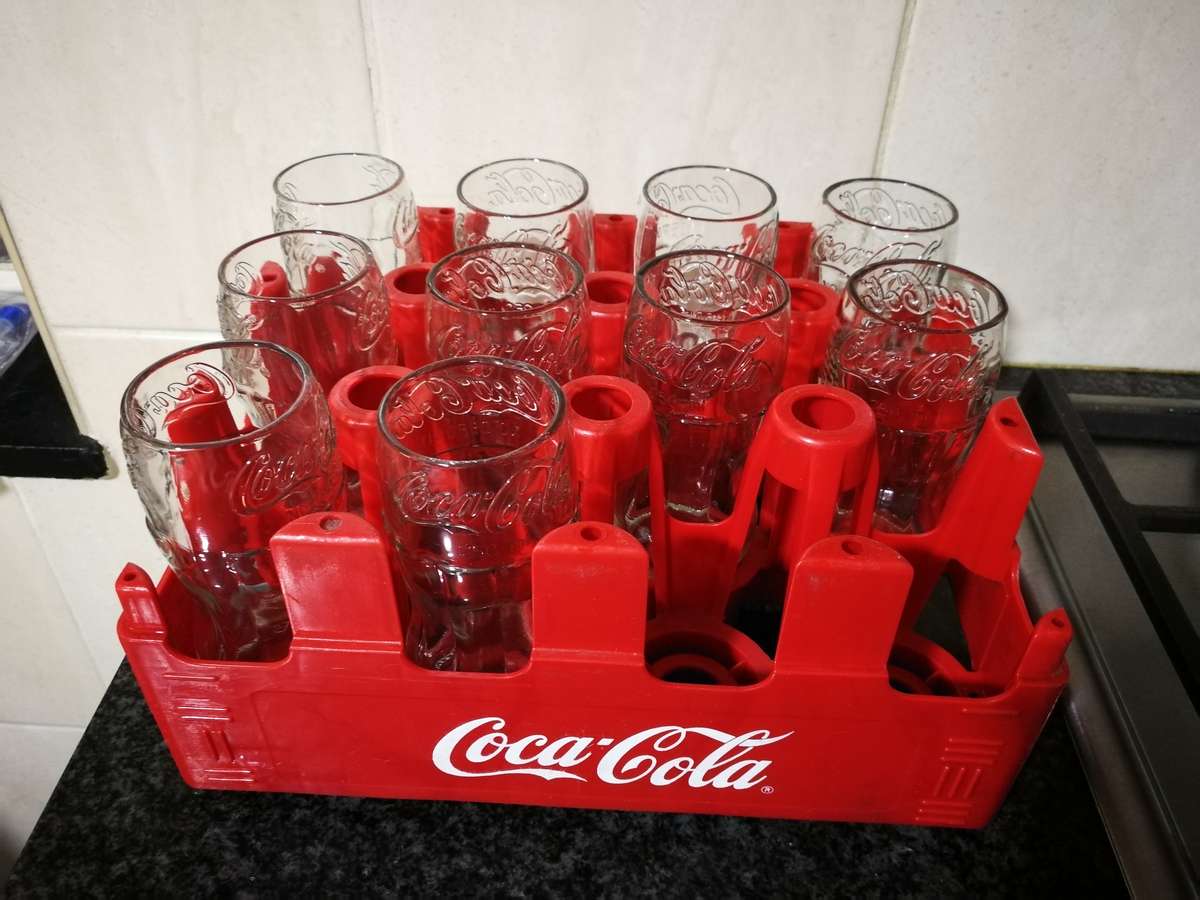 Vintage Coke crate and glasses cut from real bottles