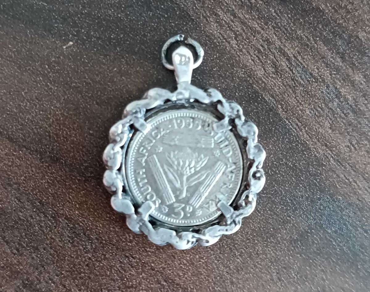 1955 SA 3 Pence Silver Coin Enclosed in Silver Pendant