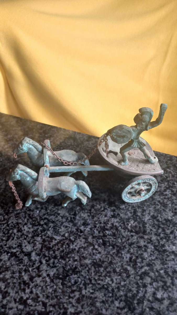 Vintage aged brass sculptures Ancient Greek Roman Mythology Achilles Chariot
