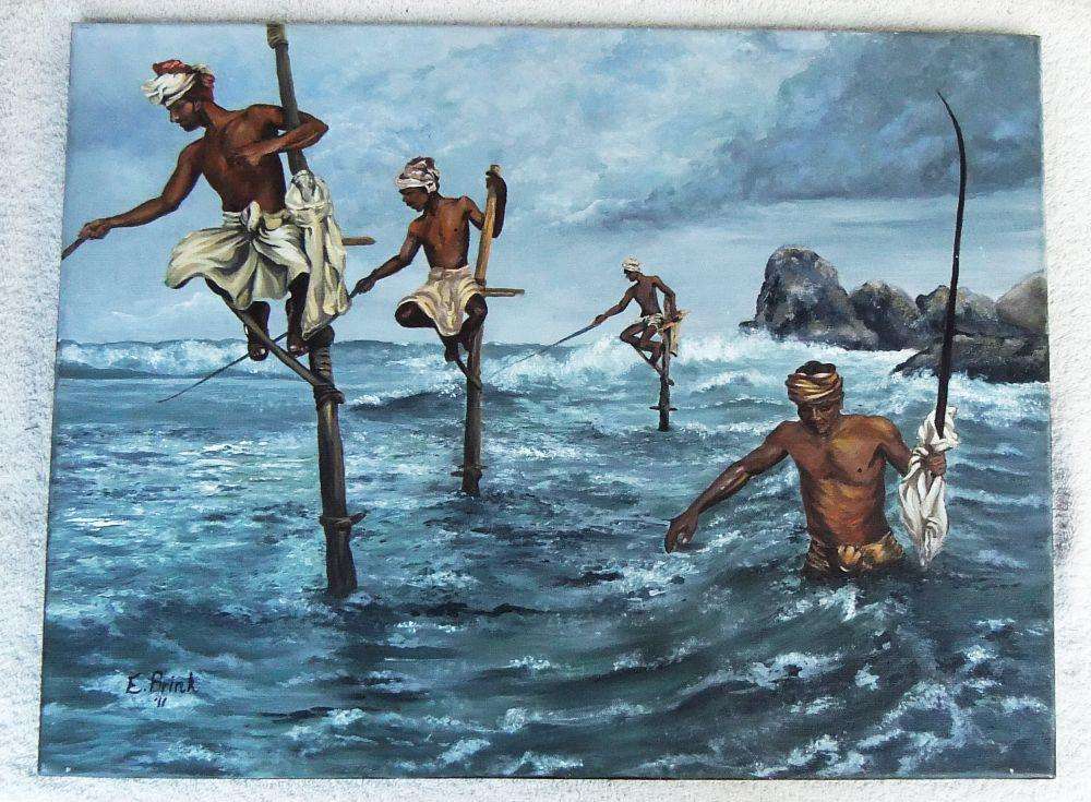 WOW !! AN AMAZING ORIGINAL SIGNED OIL ON CANVAS BY E.BRINK DEPICTING FISHERMEN AT WORK !! KYK HIER !