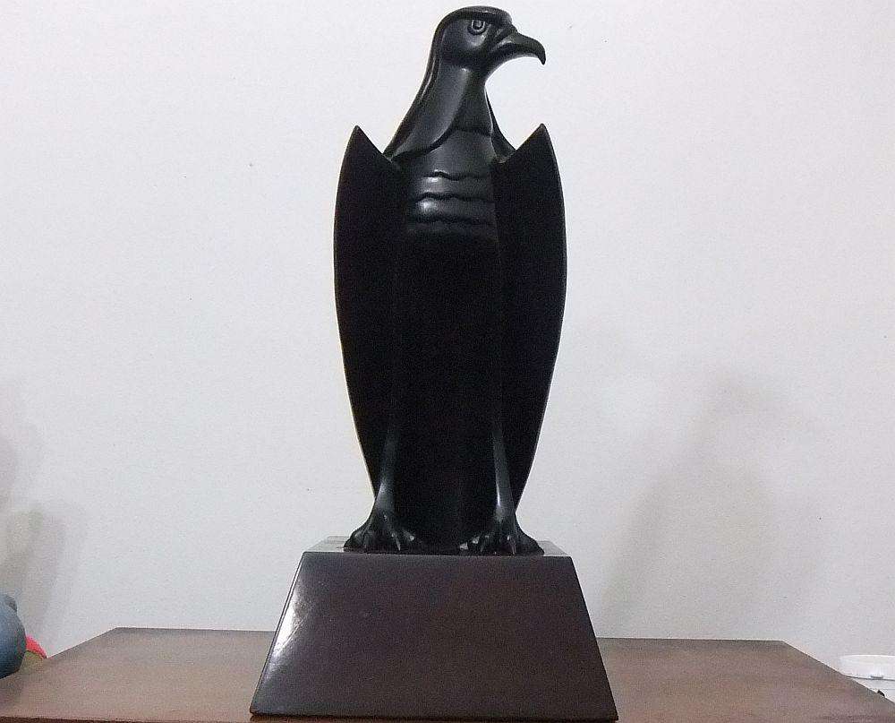 Solid Bronze Eagle on Wooden Plinth Sculpture by Jean Doyle