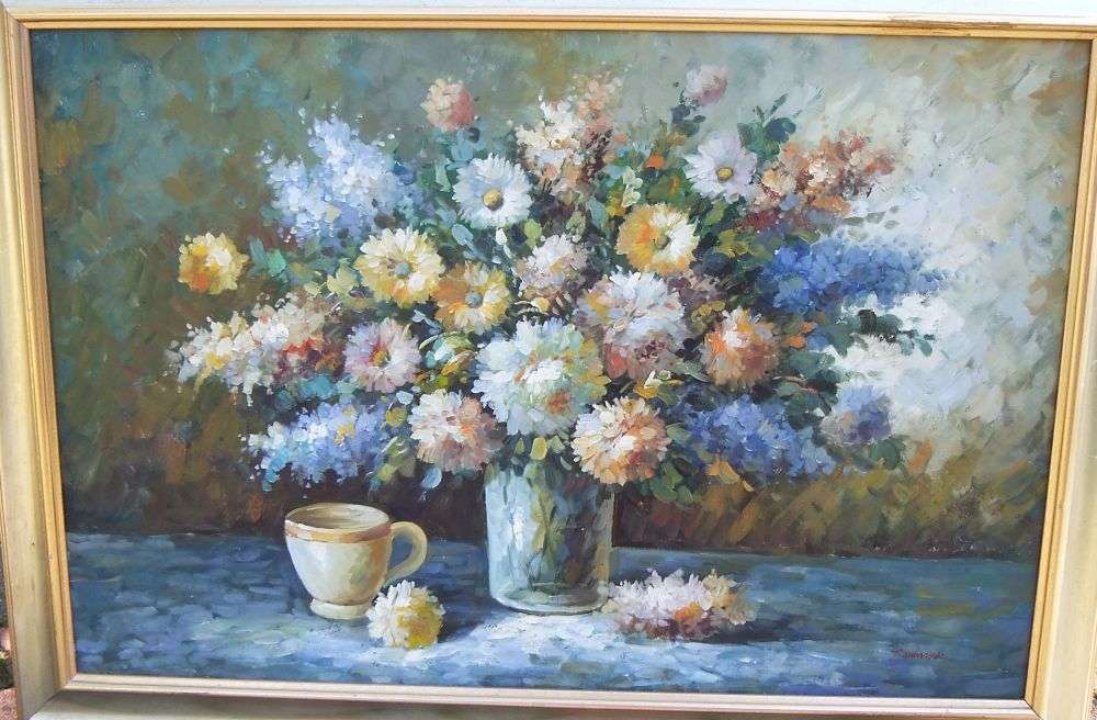 Large Framed Original Still Life Oil on Board Painting Signed T Demar