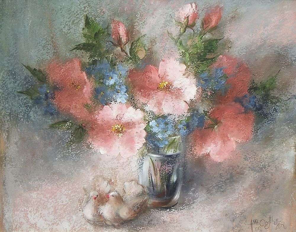A BEAUTIFUL LARGE ORIGINAL OIL ON BOARD STILL LIFE PAINTING BY SA ARTIST ANNA OOSTHUIZEN DATED 1969