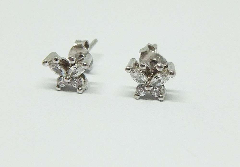 A CHARMING PAIR OF FACETED CZ SET STERLING SILVER BUTTERFLY MOTIF STUD EARRINGS IN GREAT CONDITION