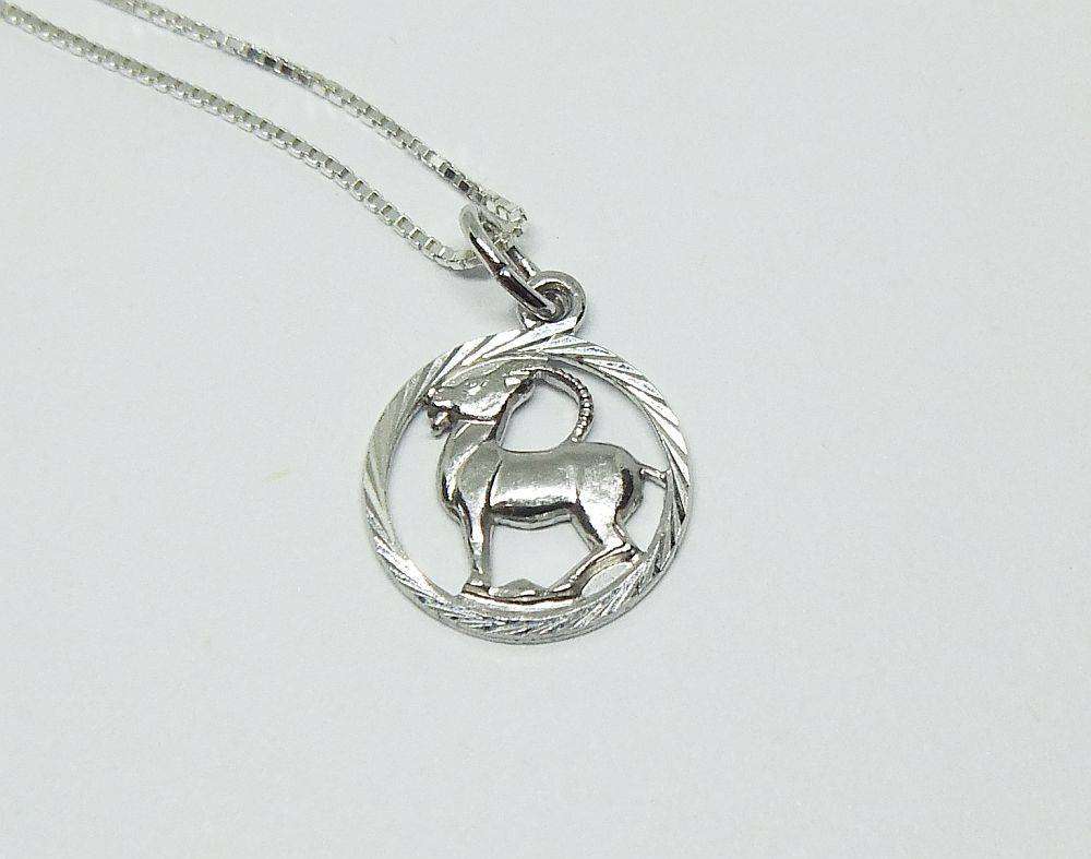 A vintage German silver Capricorn Zodiac sign pendant with a sterling silver necklace