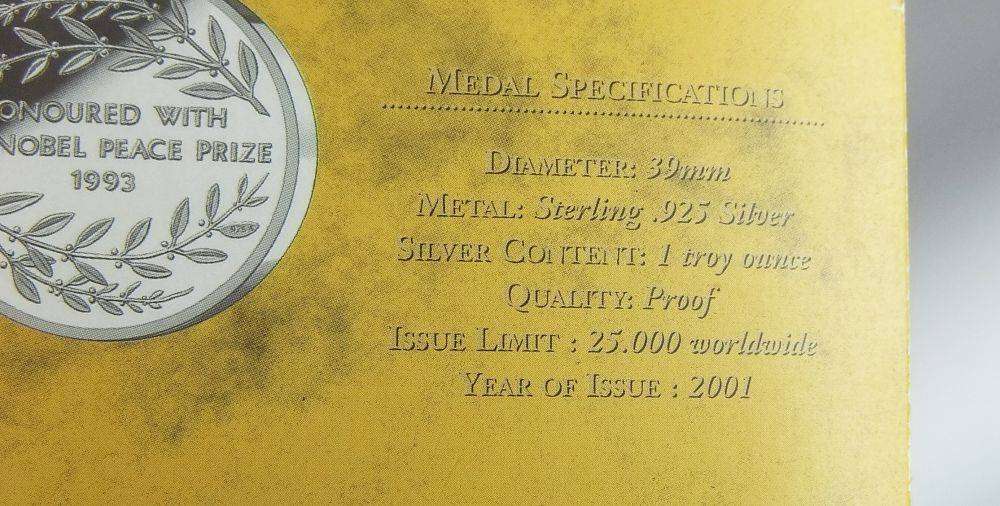 A limited edition 2001 solid sterling silver Nelson Mandela medallion by the Mint of Norway