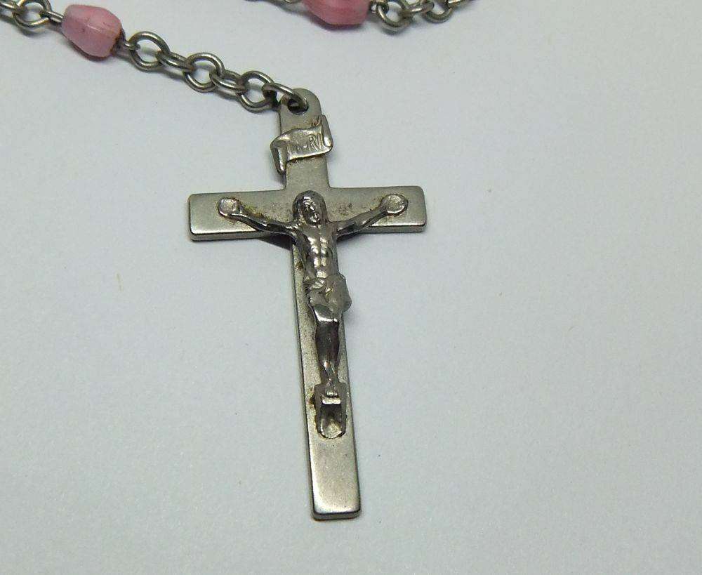 A lovely vintage French made rosary with pink opaline glass beads