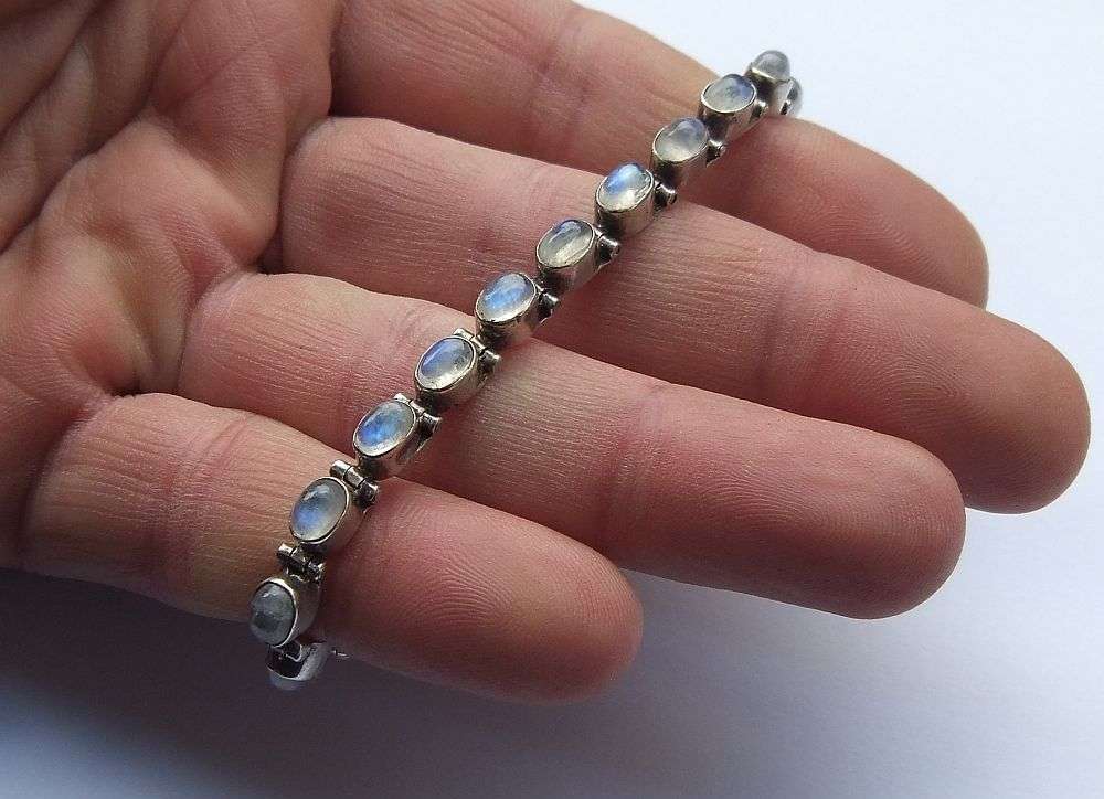 WOW !! AN AWESOME SOLID STERLING SILVER HINGED BRACELET SET WITH CABOCHON MOONSTONES !!