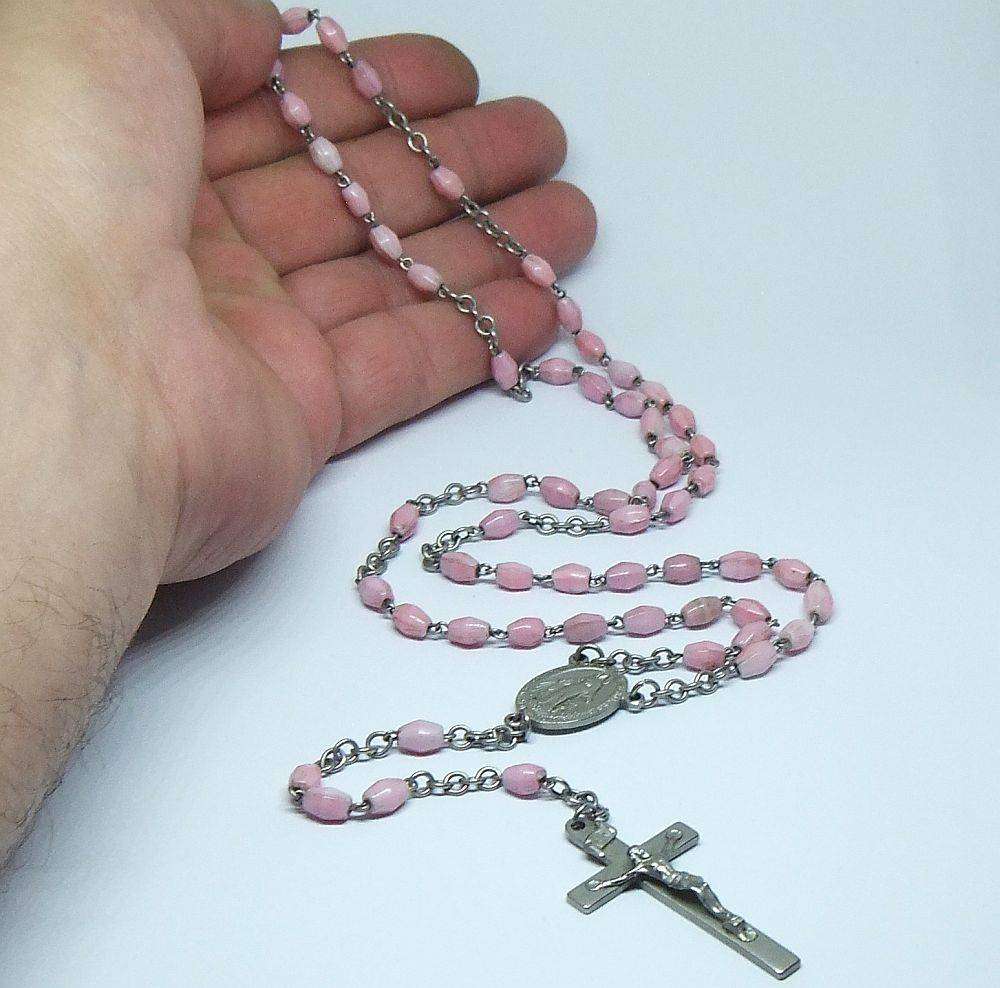 A lovely vintage French made rosary with pink opaline glass beads