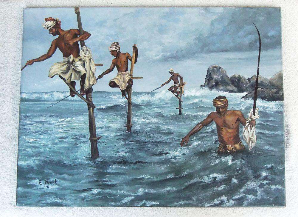 WOW !! AN AMAZING ORIGINAL SIGNED OIL ON CANVAS BY E.BRINK DEPICTING FISHERMEN AT WORK !! KYK HIER !