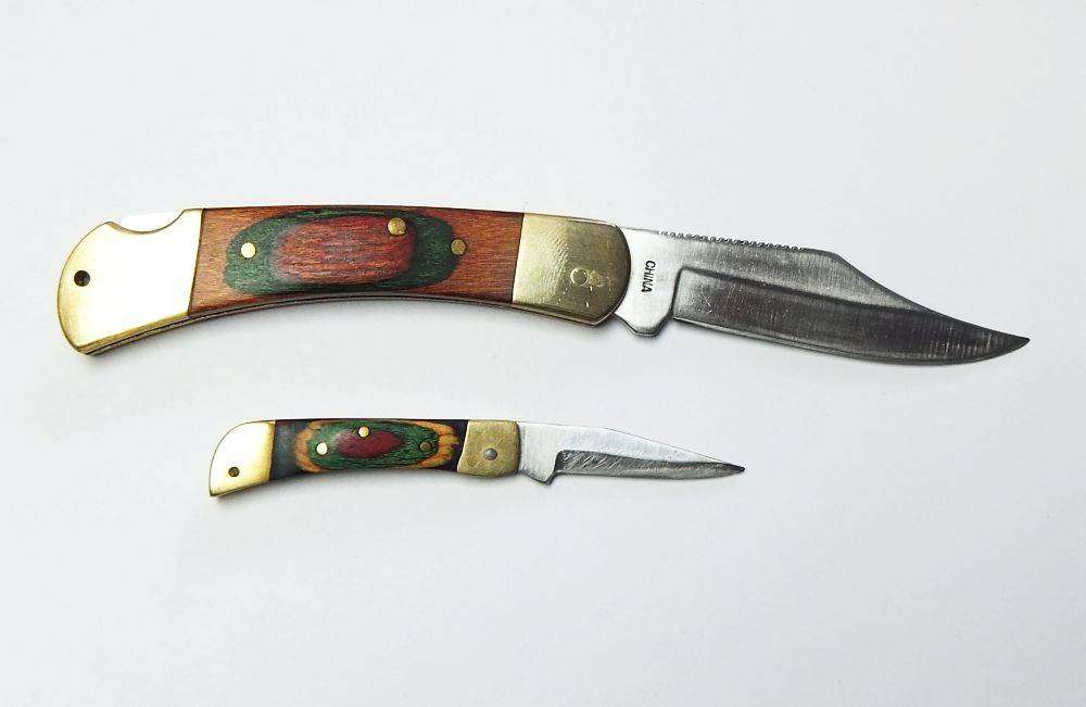 Two vintage heavy quality brass and wood lock blade folding pocket knives