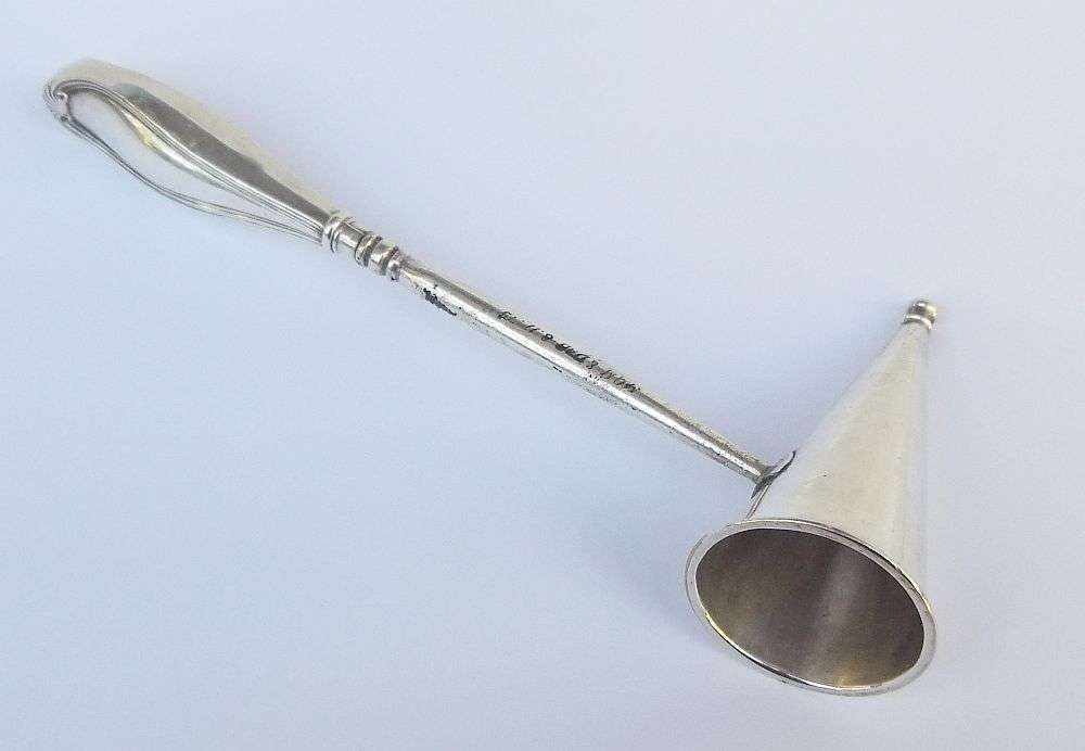 COOL FIND !! AN OLD SILVERPLATE CANDLE SNUFFER WITH STERLING SILVER HANDLE !! WOW !!