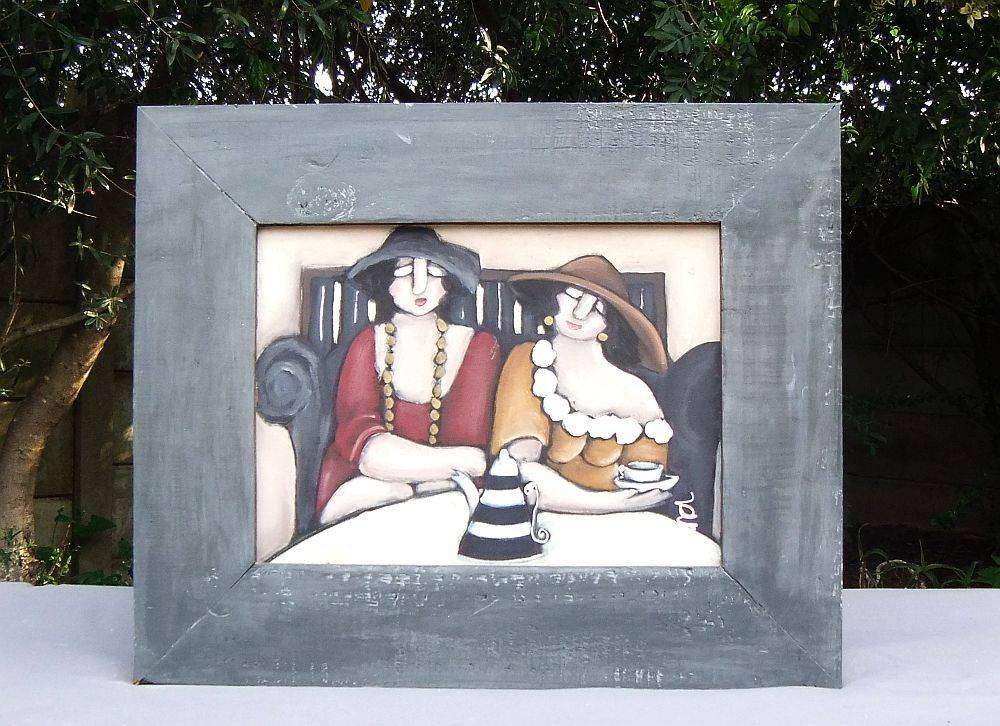 An original painting of ladies having tea by West Coast artist , Lana
