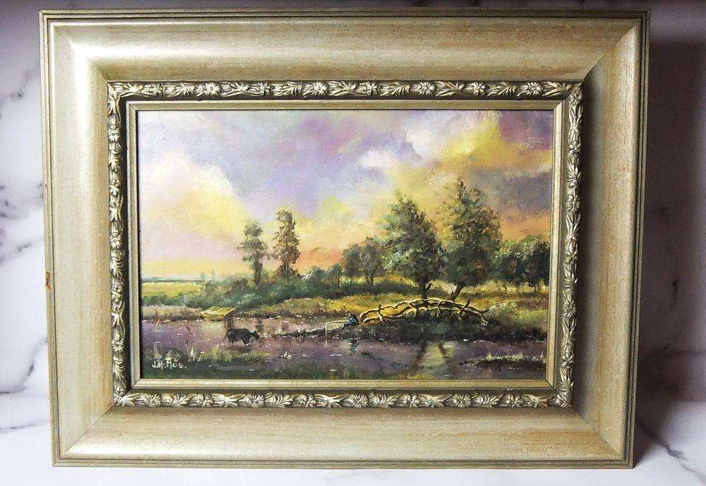 A BEAUTIFULLY FRAMED ORIGINAL OIL ON BOARD LANDSCAPE PAINTING SIGNED BY THE ARTIST J.H. MOS