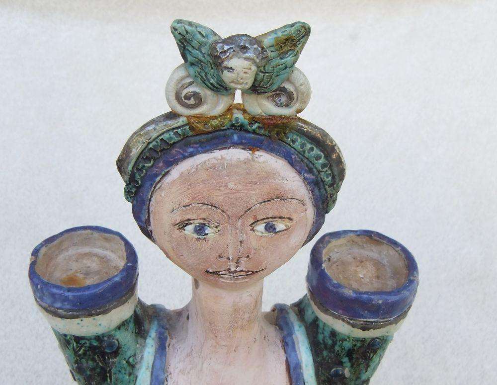 A LARGE VINTAGE FIGURAL POTTERY CANDLE STAND SIGNED DIANE ..... ON BASE !! MUST SEE AND MUST HAVE !!